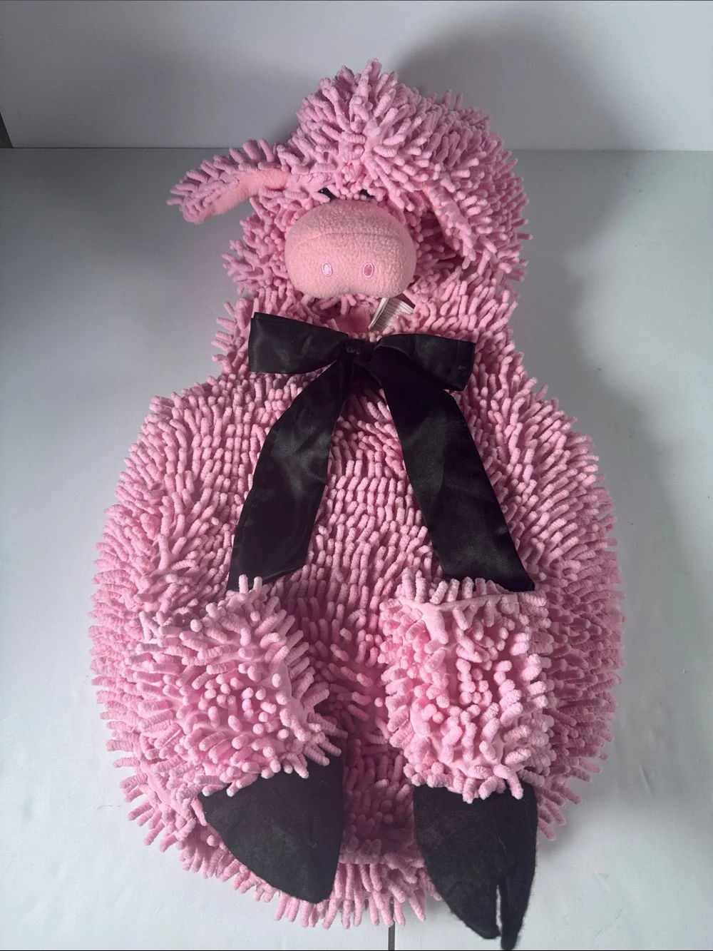 Pink Plush pig Kids Costume with Black Bow